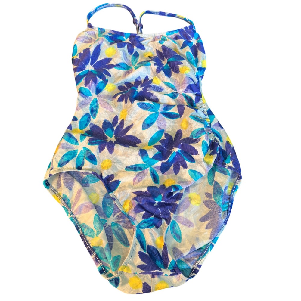 Cole of California Vintage 90s One Piece Swimsuit Blue Floral Nylon Size‎ 14